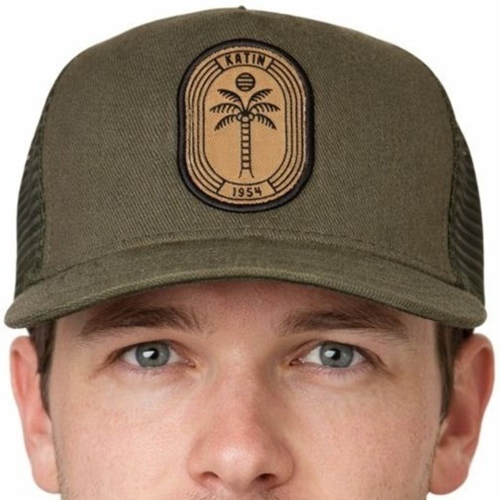 Katin USA Trucker Hat Olive Green Tan Palm Tree Patch Snapback Surf Cap Mesh Hat